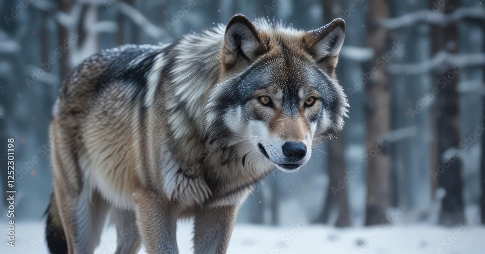 Fototapeta premium Abstract snowflakes dance around the majestic large grey wolf, magical creatures, frosty atmosphere