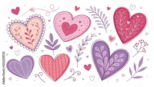 A delightful collection of ornate hearts, adorned with charming floral accents and whimsical details, perfect for Valentine's Day celebrations or romantic expressions.