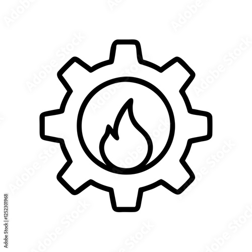 Gear with flame icon, industry, manufacturing, engineering, energy, power, technology, machinery, symbol, industrial.