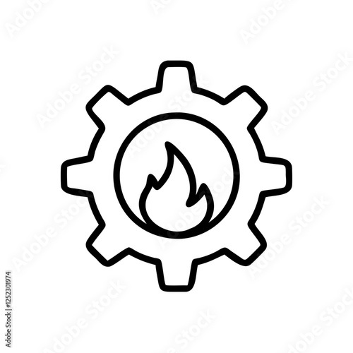 Gear with flame icon, industry, manufacturing, engineering, energy, power, technology, machinery, symbol, industrial.