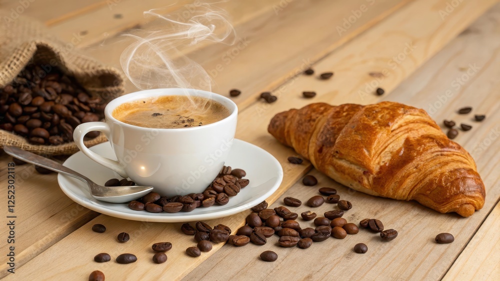 Aromatic coffee in a white cup, steaming, with a freshly baked croissant and roasted coffee beans on a wooden table Aromatic coffee in a white cup, steaming, with a freshly baked croissant and roasted coffee beans on a wooden table
