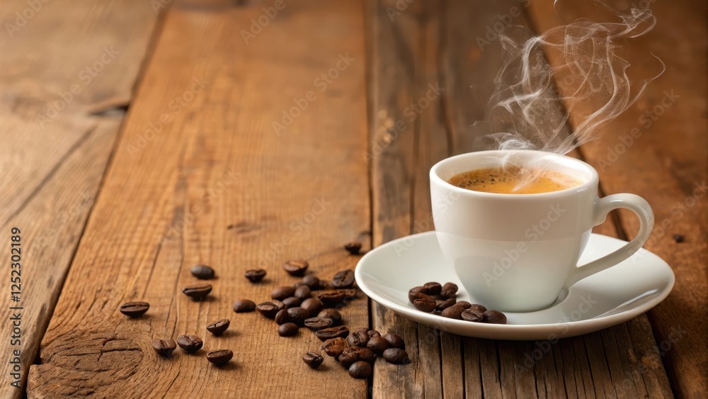 Aromatic Espresso in a White Cup on Rustic Wooden Surface with Scattered Coffee Beans and Steam Rising Aromatic Espresso in a White Cup on Rustic Wooden Surface with Scattered Coffee Beans and Steam Rising