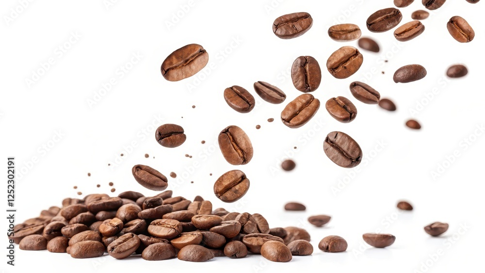 Naklejka premium A cascade of roasted coffee beans falling onto a pile, showcasing their rich brown color and natural texture