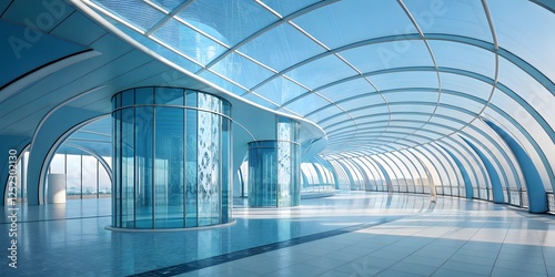 Futuristic blue corridor in a modern subway station airport and office
