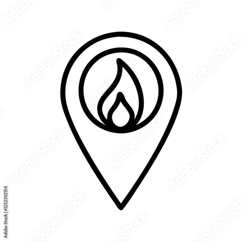 Location pin with flame icon, location, fire, emergency, safety, hazard, risk, warning, alert, danger.