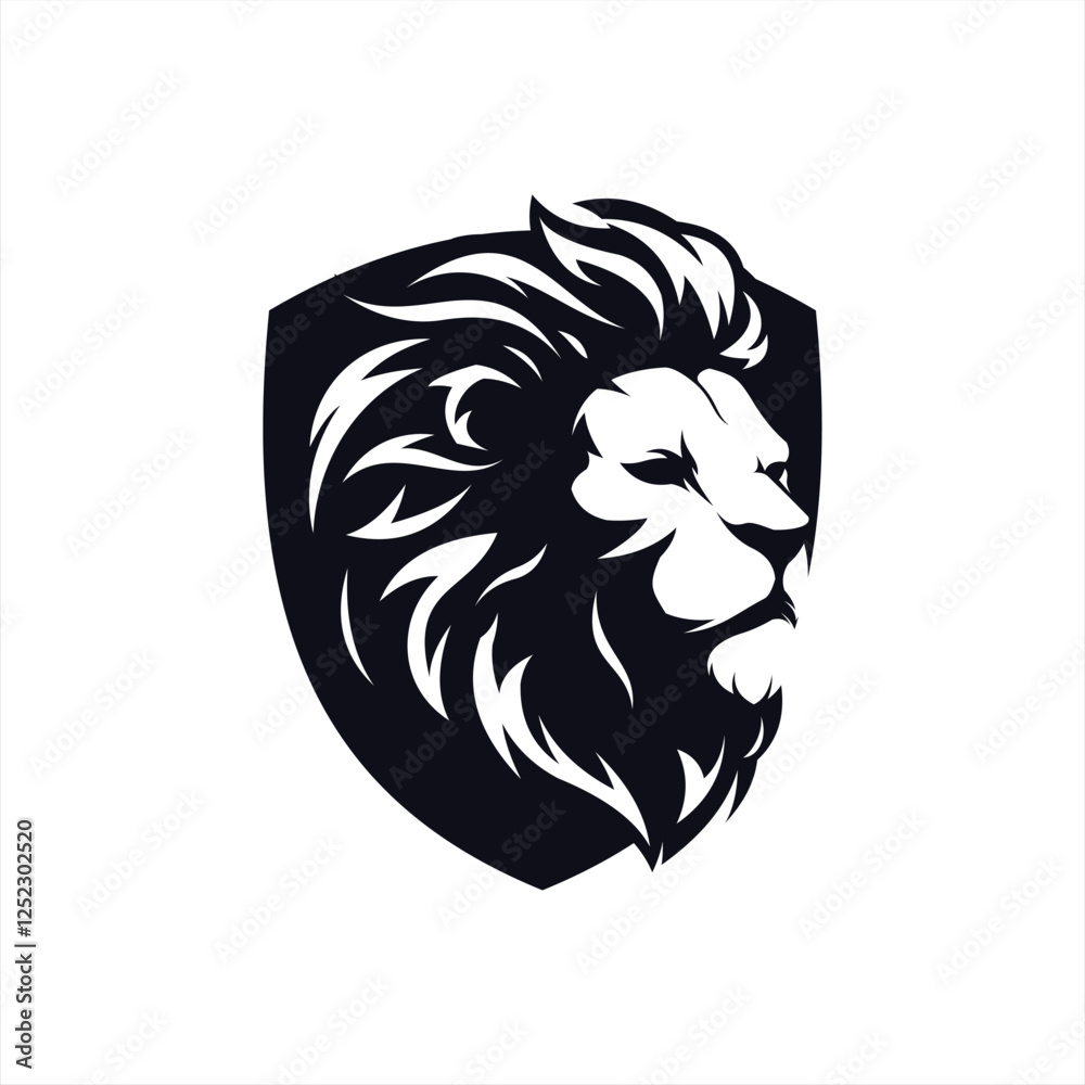 Fototapeta premium Lion head mane hit by wind inside shield illustration logo design