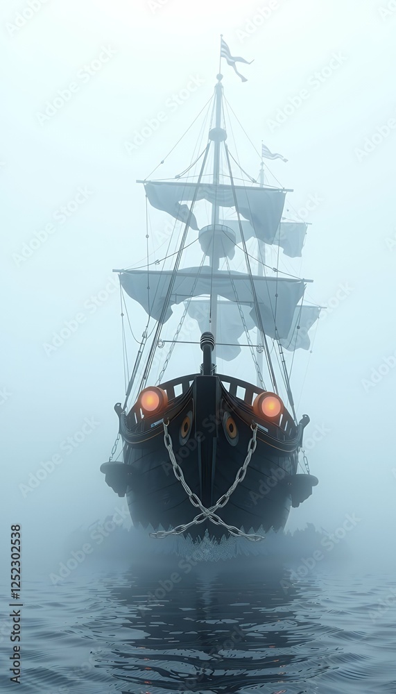 pirate camera front fog ship view vessel 3d aded rendering piercing abandoned adventure blue boat bounty cloud corsair cruise dutchman exploration fantasy flying fog foggy frigate front view galleon