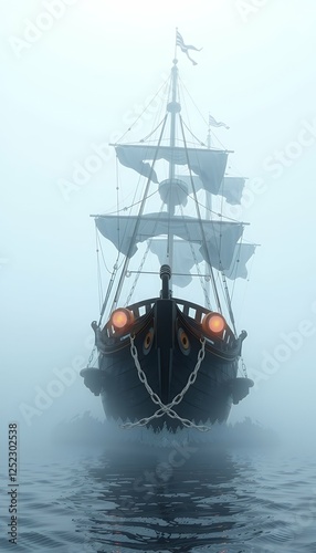 Obraz na płótnie pirate camera front fog ship view vessel 3d aded rendering piercing abandoned adventure blue boat bounty cloud corsair cruise dutchman exploration fantasy flying fog foggy frigate front view galleon w salonie