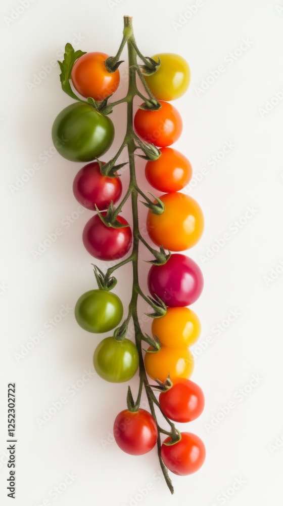 Obraz premium Vibrant cluster of multicolored cherry tomatoes on vine against white background. Fresh produce and organic gardening concept