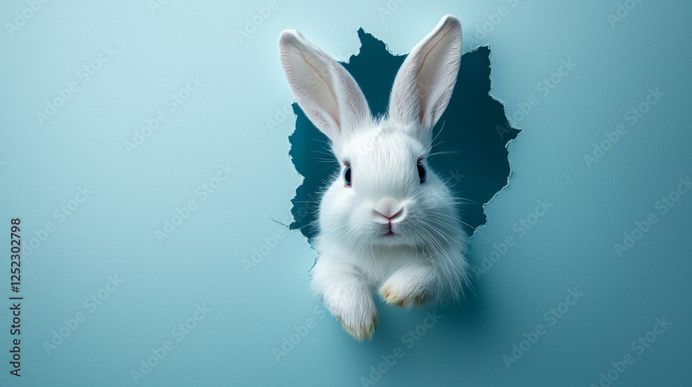 Obraz premium White Rabbit Peeking Through Torn Wall