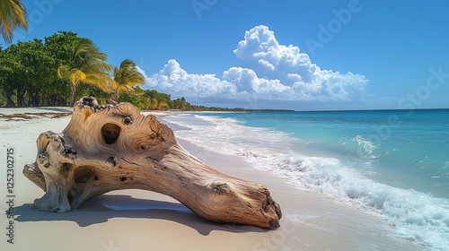 Image of drift wood on the beaches of Santo Domingo a close up shot, the beach very clean and with white sand and bright blue water, palm trees in the background.