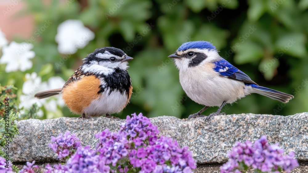 Fototapeta premium Two birds on wall with flowers, garden scene, possible use for nature poster