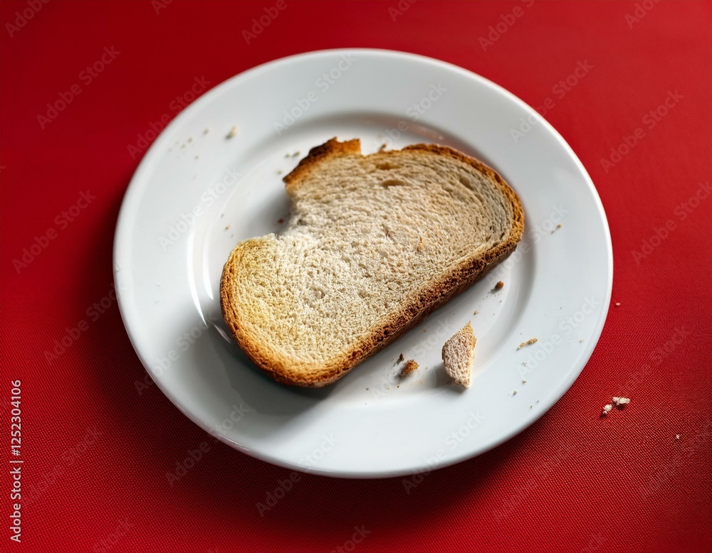 bread leftovers on a white plate on a red table bread leftovers on a white plate on a red table