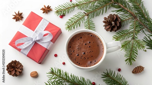 A Festive Season Treat Warm Cocoa with a Gift and Evergreen Branches