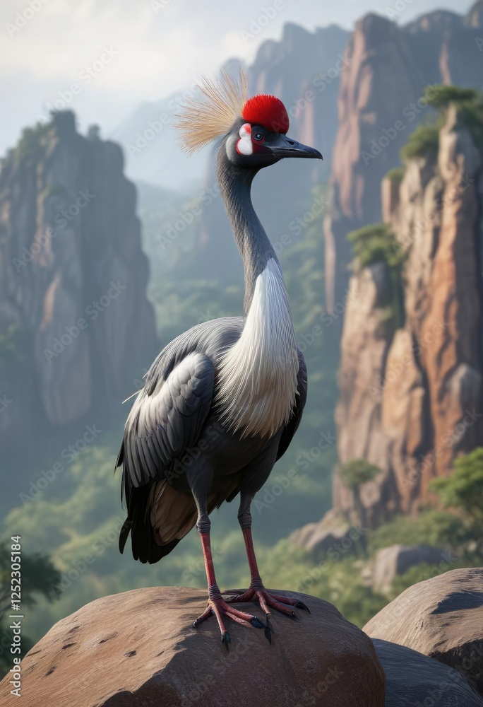 Obraz premium African grey crowned crane perched on a rock or cliff edge, landscape, nature, African grey crowned crane