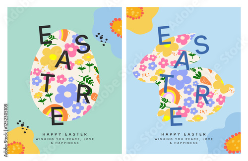 illustration of easter day concept, card and background, cartoon and character, bunny or rabbit with flowers and egg, seasonal theme