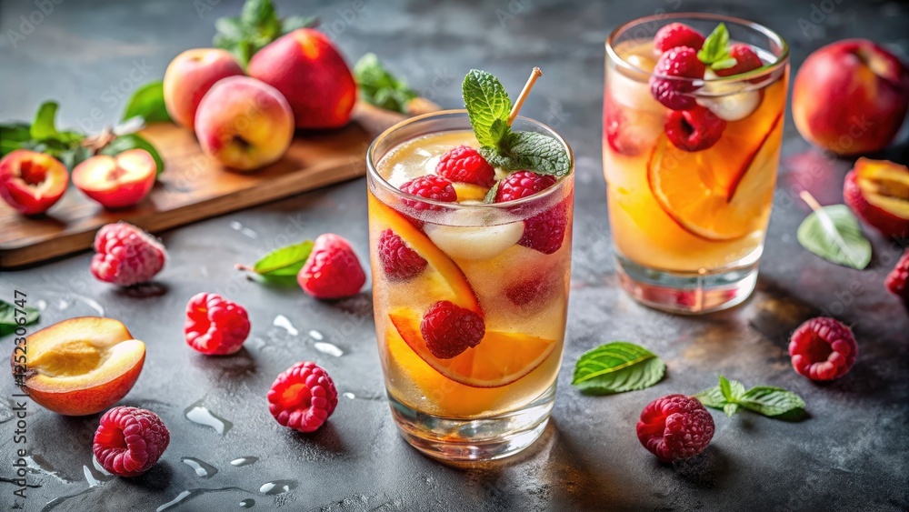 Summer refreshment: vibrant peach lemonade raspberry soda photographed panoramically on a grey table. Summer refreshment: vibrant peach lemonade raspberry soda photographed panoramically on a grey table.