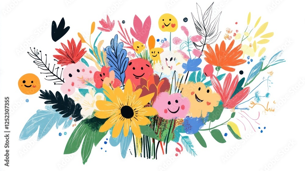 Fototapeta premium Happy flowers bouquet illustration, colorful, joyful, spring