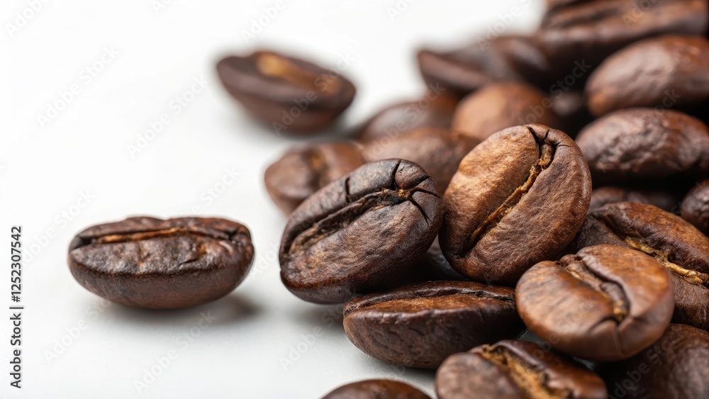 A Close-Up View of Roasted Coffee Beans on a White Background A Close-Up View of Roasted Coffee Beans on a White Background