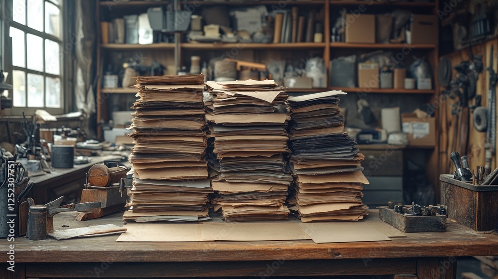 Obraz premium Stacked documents on workshop table, cluttered workshop background