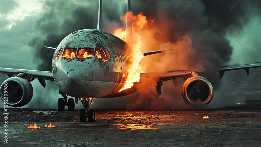 An Airbus plane on fire, burning and smoking after a crash landing in the middle of an abandoned military base. Shot with a lens,
