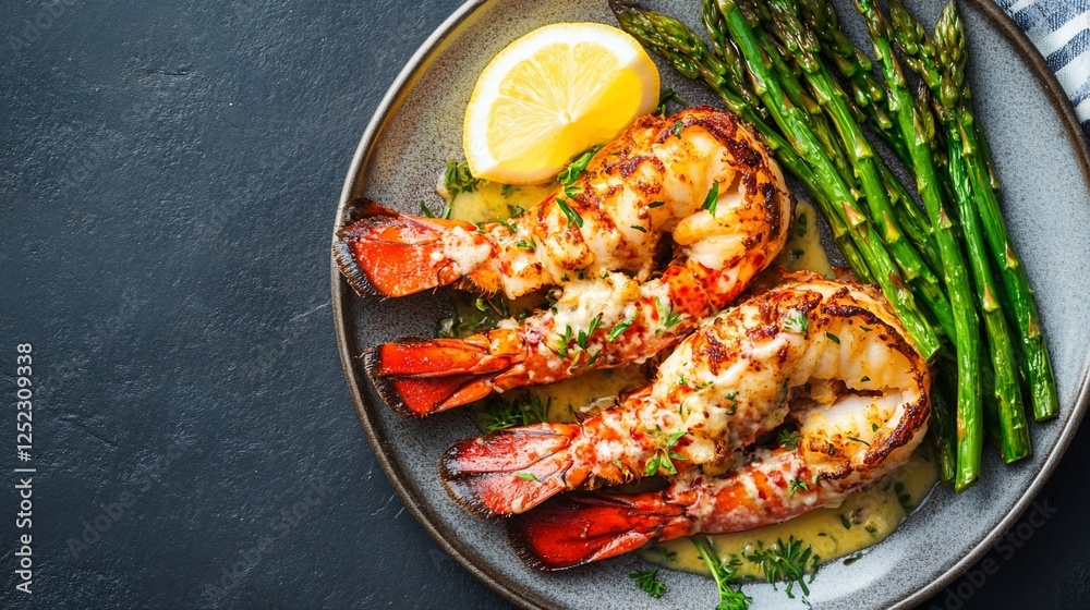 Grilled lobster tails, asparagus, lemon, dark background, gourmet food photography Grilled lobster tails, asparagus, lemon, dark background, gourmet food photography