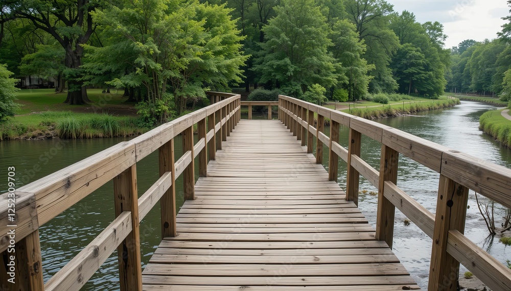 Fototapeta premium Serene wooden walkway riverside park photo tranquil nature eye-level view gigapixel cgi