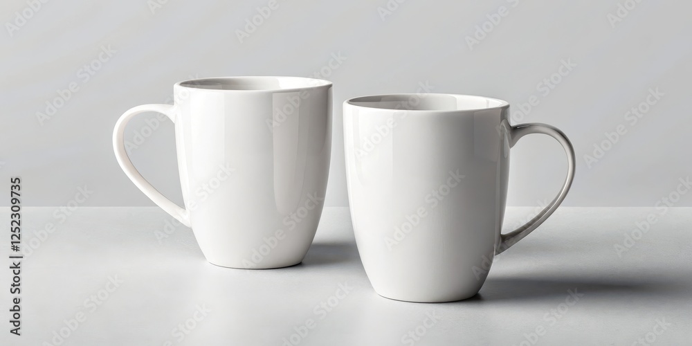 Two pristine white ceramic mugs, elegantly positioned on a neutral surface, ready for your beverage Two pristine white ceramic mugs, elegantly positioned on a neutral surface, ready for your beverage