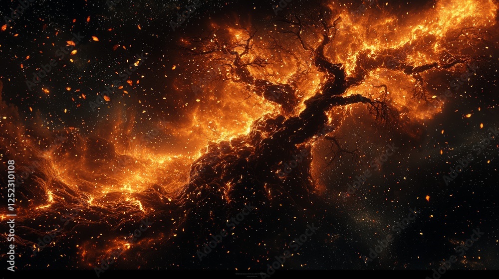 haunting depiction of Yggdrasil World Tree in celestial flames branches breaking and golden leaves representing lost memories drifting into darkness.
