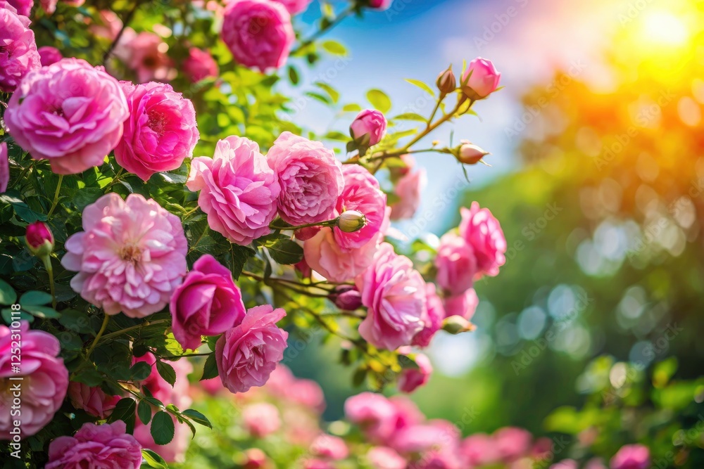 Sun-drenched pink roses in a summer garden photographed in high resolution, showcasing a beautiful bokeh effect. Sun-drenched pink roses in a summer garden photographed in high resolution, showcasing a beautiful bokeh effect.