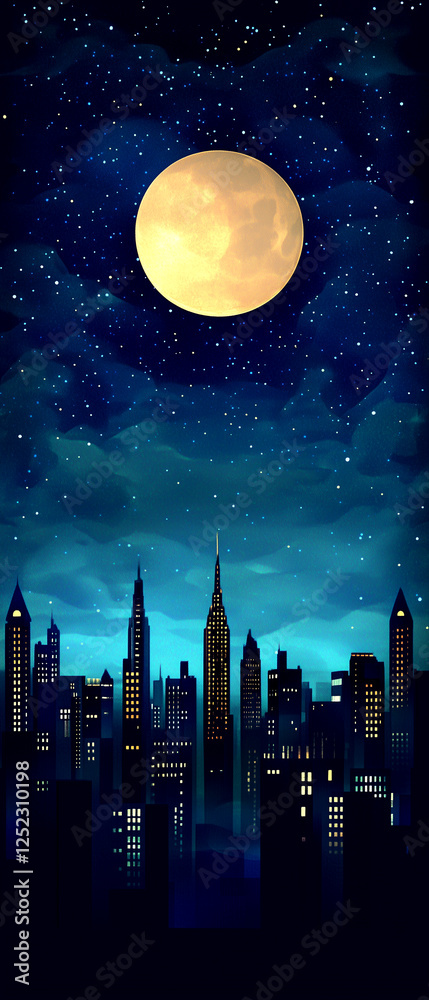 Fototapeta premium A city skyline with a large moon in the sky. The moon is surrounded by stars and the city is lit up at night. Scene is peaceful and serene, as the moon