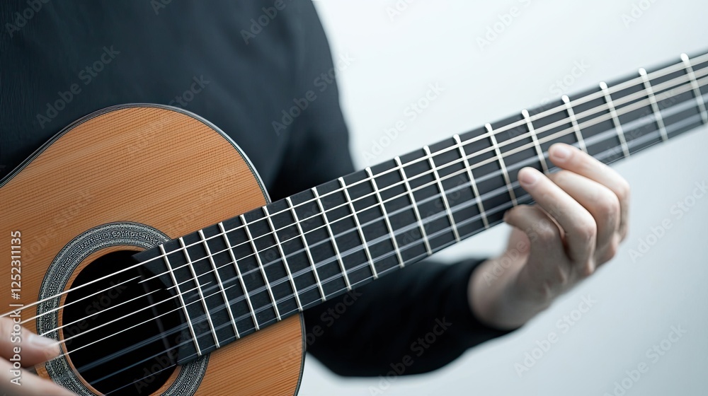 A close-up view of a person playing a classical guitar, showcasing finger placement and the instrument's detailed body. A close-up view of a person playing a classical guitar, showcasing finger placement and the instrument's detailed body.