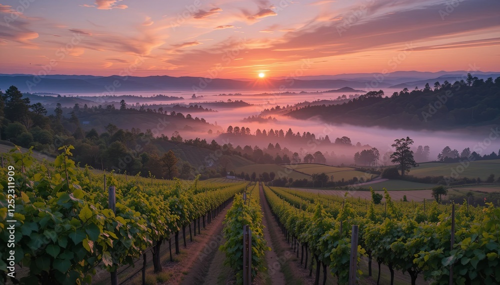 Fototapeta premium Sunrise vineyard landscape vineyard hills photography natural setting aerial view tranquility