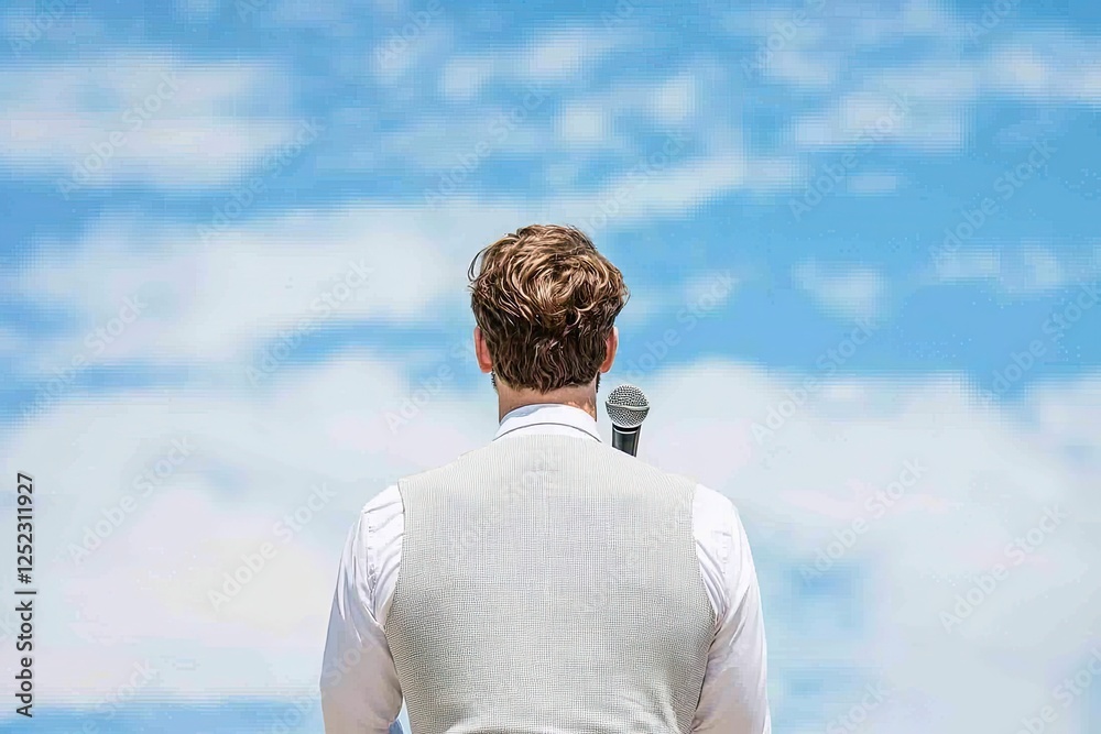 Fototapeta premium A man in formal attire stands with his back to the camera, gazing at a clear blue sky filled with soft clouds.