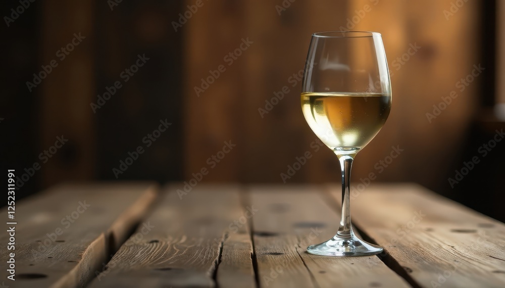 Obraz premium Crystal glass of crisp white wine sits on rustic long wooden table, exterior, beverage