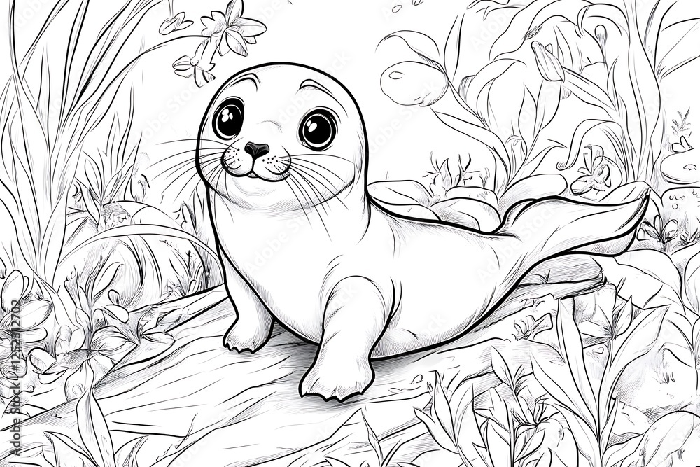 Obraz premium Cute seal coloring page for kids underwater scene fun activity nature playful style