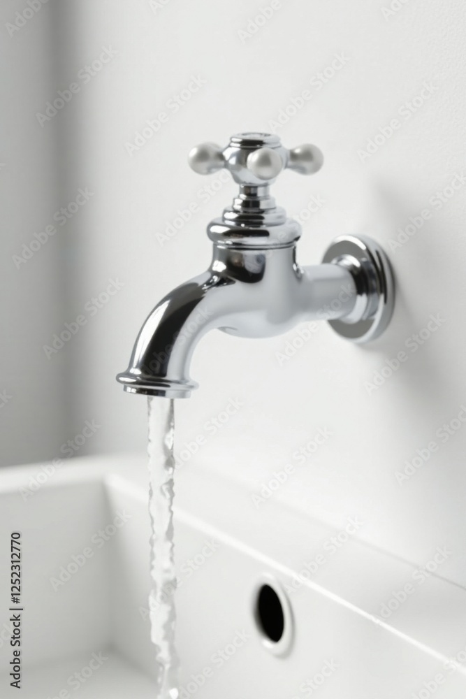 A gleaming chrome faucet with elegant cross-handle detail pours a refreshing stream of water into a pristine white basin. A gleaming chrome faucet with elegant cross-handle detail pours a refreshing stream of water into a pristine white basin.