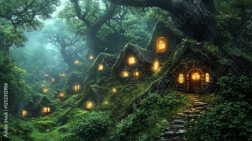 Nestled among ancient trees hidden leprechaun village glows softly tiny lanterns. Shamrocks cover forest floor while faint laughter adds magic misty surroundings.