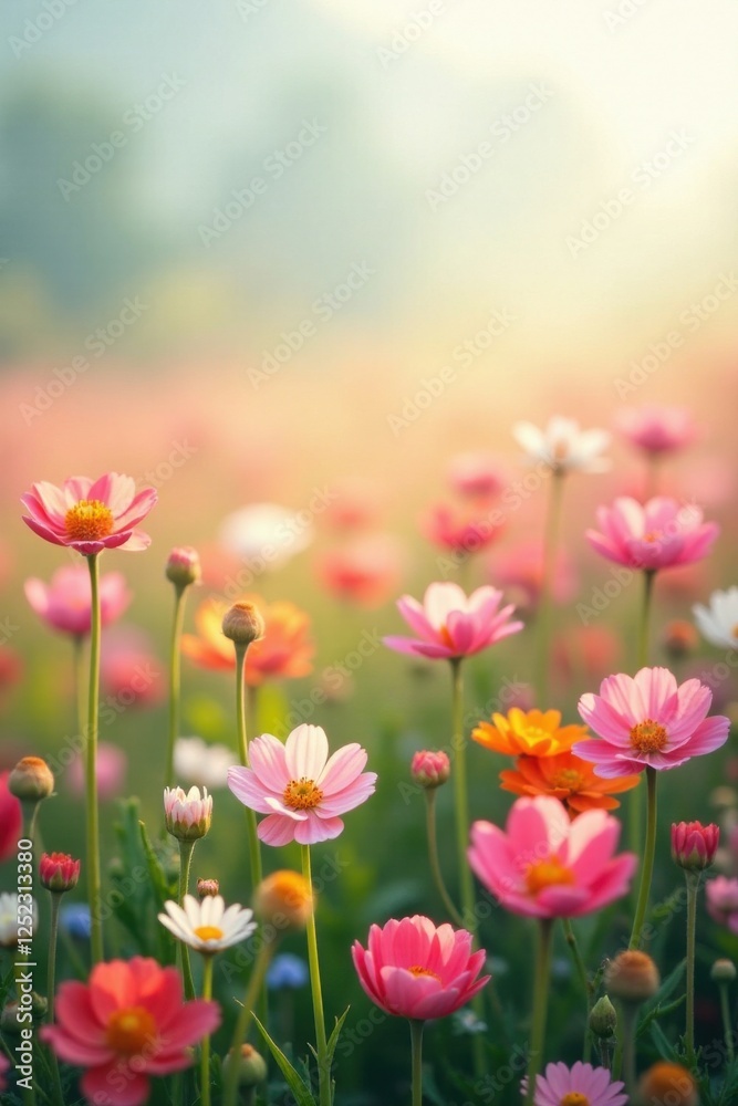 A Serene Meadow of Delicate Blossoms Bathed in the Warm Glow of Sunrise, Presenting a Captivating Display of Pastel Hues and Gentle Movement A Serene Meadow of Delicate Blossoms Bathed in the Warm Glow of Sunrise, Presenting a Captivating Display of Pastel Hues and Gentle Movement