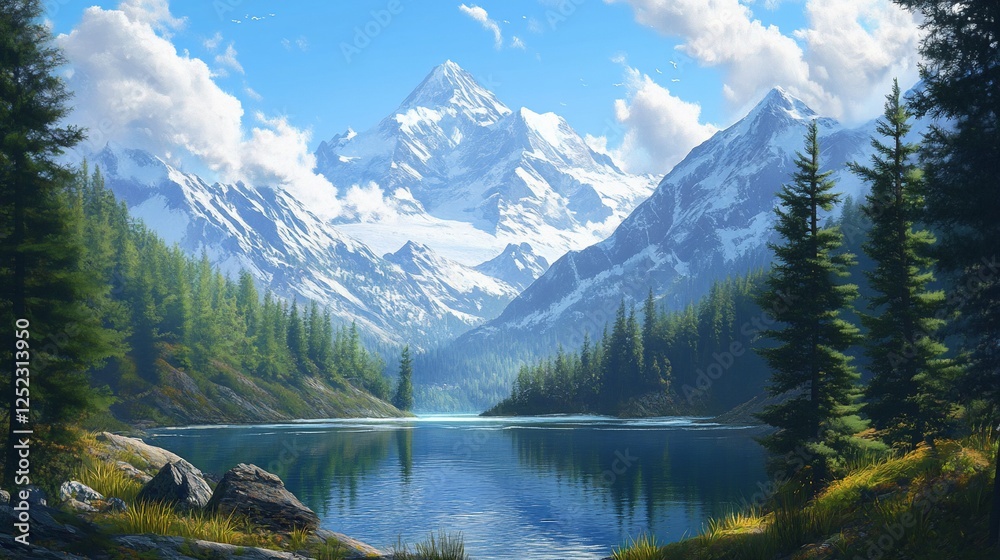 Majestic mountain lake serene landscape; summer sky