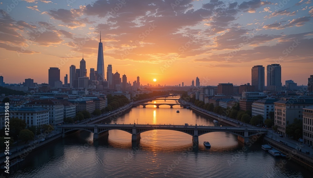 Fototapeta premium Serene sunset reflection over nyc skyline