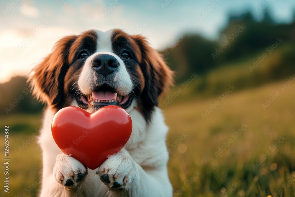 Cute saint bernard dog with animal toy red heart on a walk in a spring green space. Saint bernard - my cherished dog, symbol of friendship. Ad campaign pet animal pattern. Dog and pink hearts. Cute saint bernard dog with animal toy red heart on a walk in a spring green space. Saint bernard - my cherished dog, symbol of friendship. Ad campaign pet animal pattern. Dog and pink hearts.