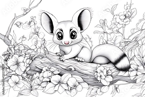 Cute chinchilla illustration nature scene line art floral environment whimsical perspective photo