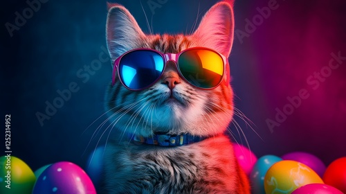 Cool Cat Wearing Stylish Sunglasses Surrounded by Colorful Easter Eggs in a Vibrant Neon Background