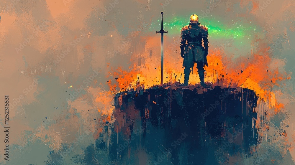 Fototapeta premium Knight Stands Alone After a Fiery Battle