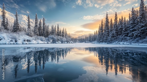 Frozen lake sunset, snow-covered pines, mountain reflection, winter wonderland, travel brochure