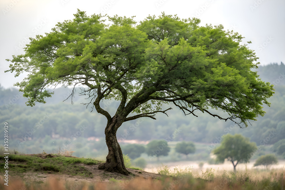 Obraz premium tree in the fog. lonely tree on green field. lonely tree in the morning. Spring field.