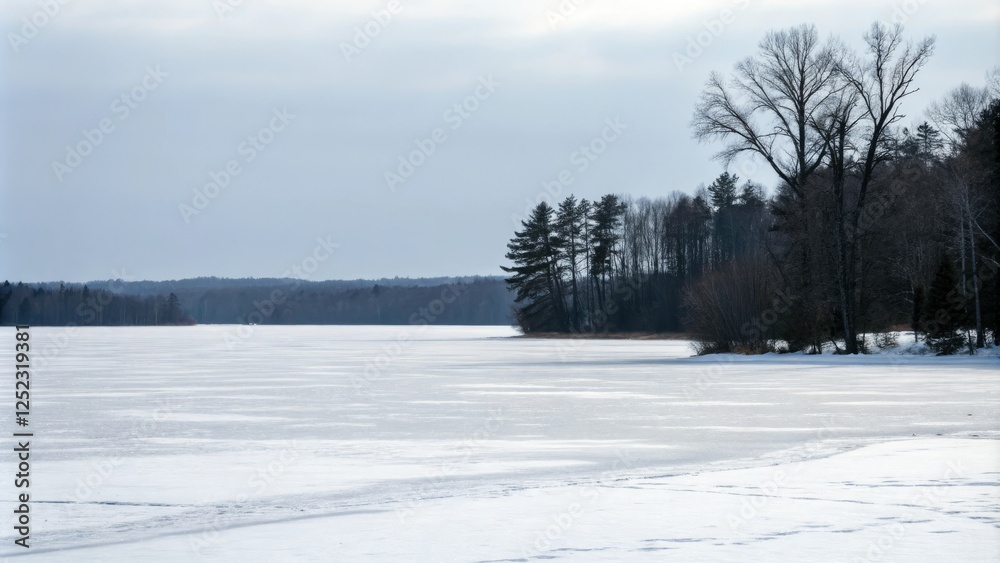 Frozen Lake with White Snow and Black Silhouette, calm, texture, frost Frozen Lake with White Snow and Black Silhouette, calm, texture, frost