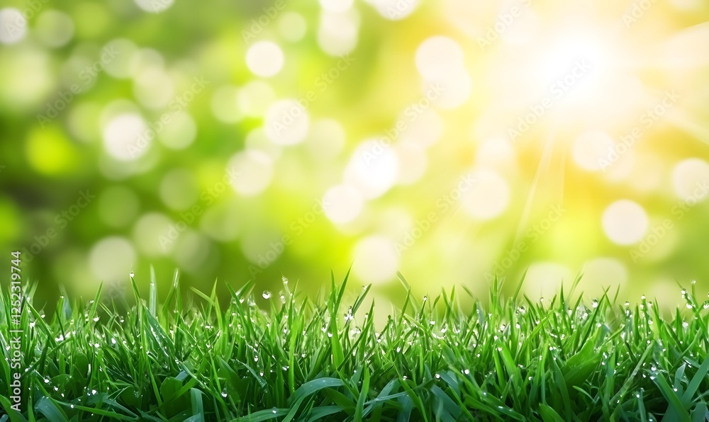 Obraz premium a close-up view of green grass blades with dew drops on them, illuminated by sunlight in the background, creating a serene and fresh atmosphere.