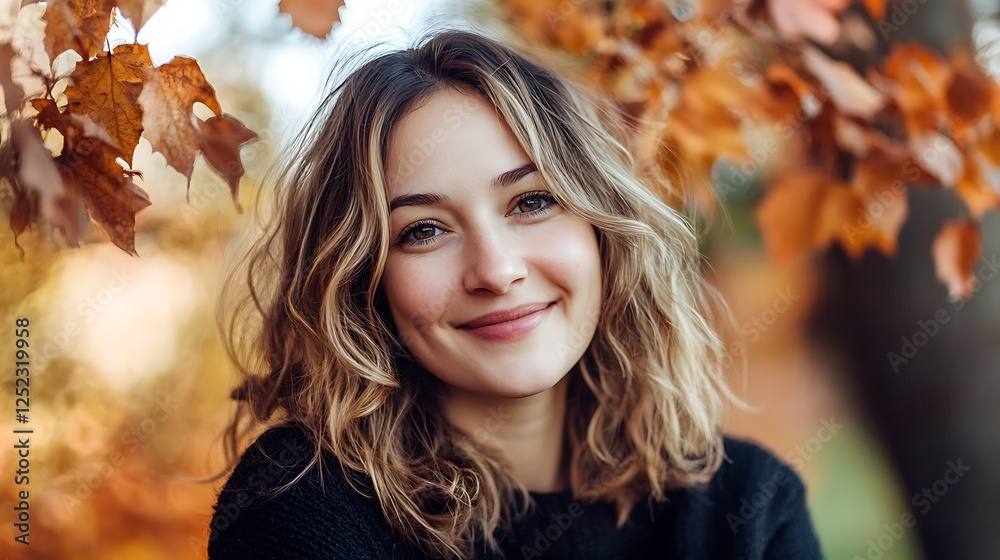 Autumn Portrait: A Young Woman Smiles Amidst Golden Leaves Autumn Portrait: A Young Woman Smiles Amidst Golden Leaves